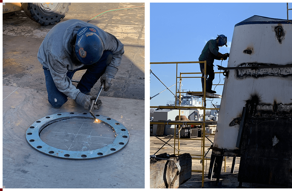 A man welding and a construction worker on scaffolding.